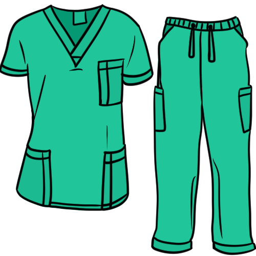 A teal short-sleeved scrub top and pair of scrub pants.